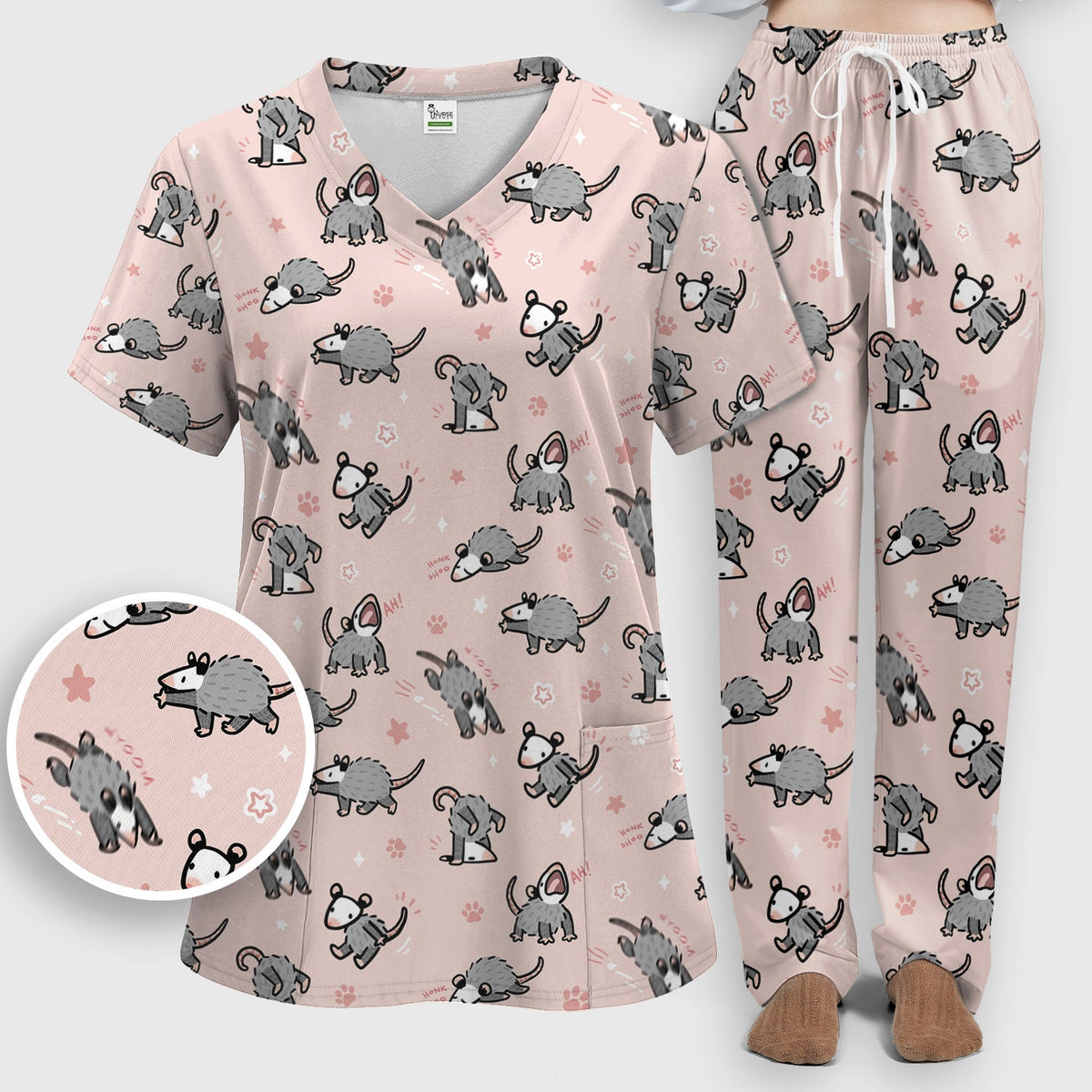Cartoon Opossum Nurse Scrub Set