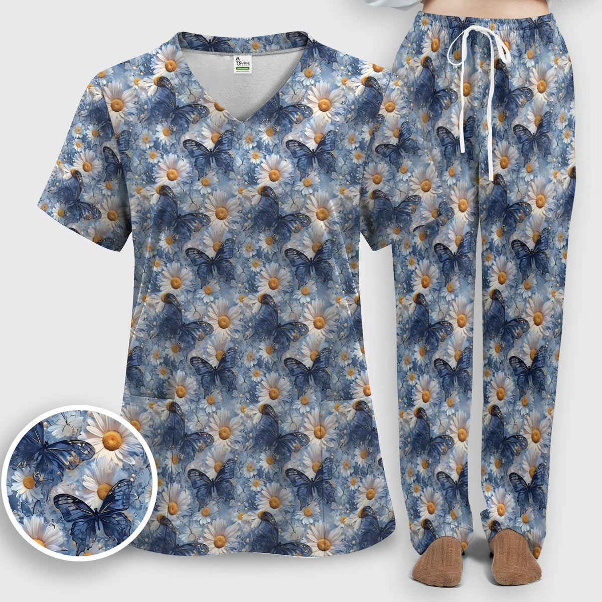 Blue Daisy Butterfly Nurse Scrub Set