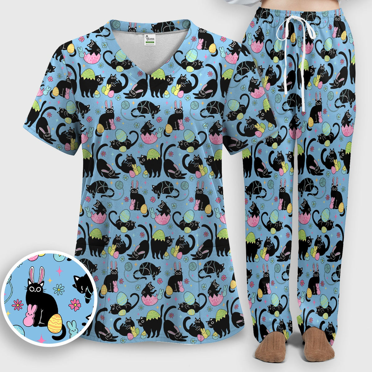 Funny Easter Black Cat Egg Pattern Scrub Set, Scrub Pants and V Neck Top
