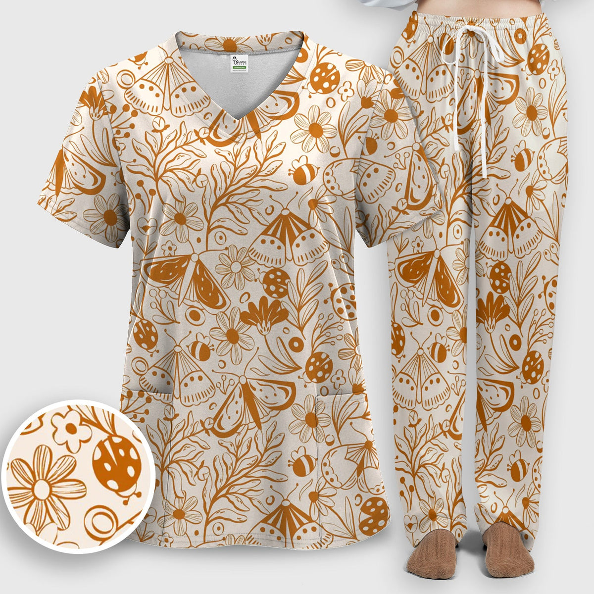Butterfly Ladybug Floral Garden Nurse Scrub Set
