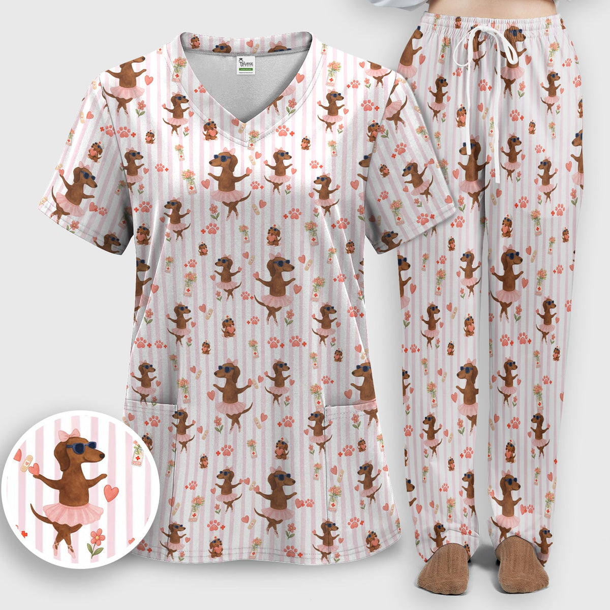 Dachshund Ballet Tutu Hearts Nurse Scrub Set