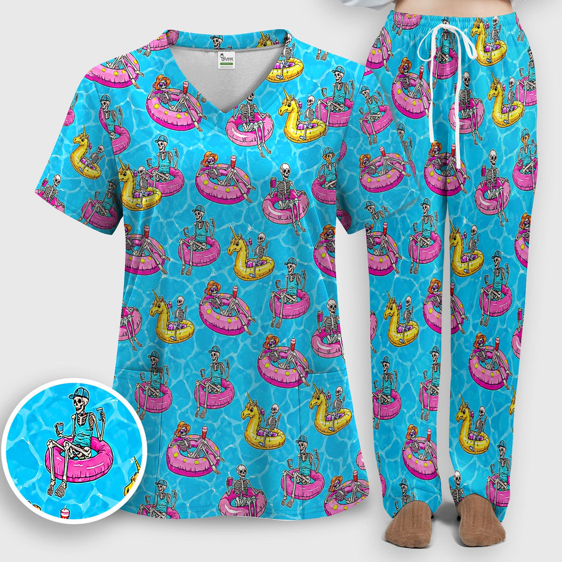 Summerween Skeleton Pool Float Nurse Scrub Set