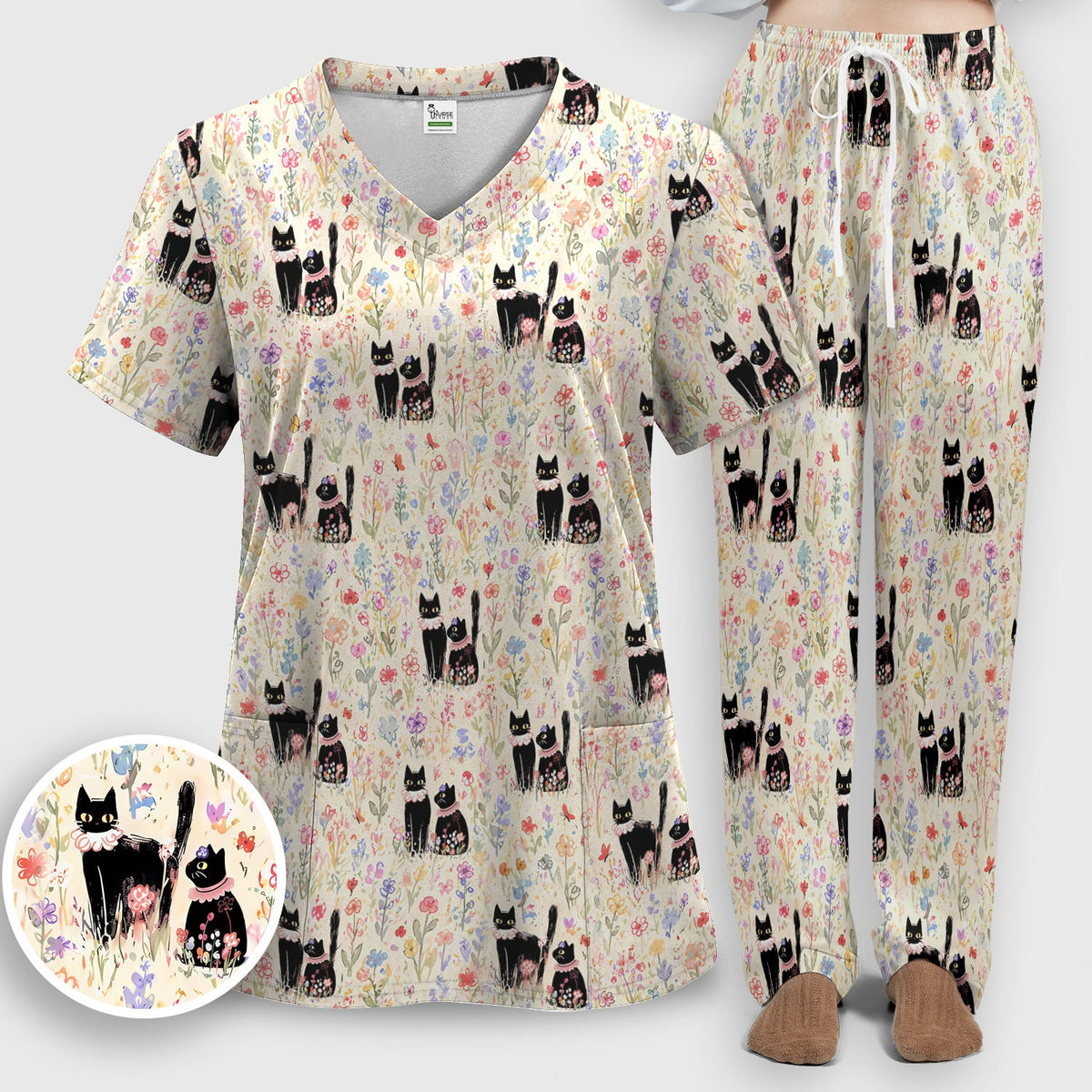 Cute Black Cats Wildflower Garden Nurse Scrub Set