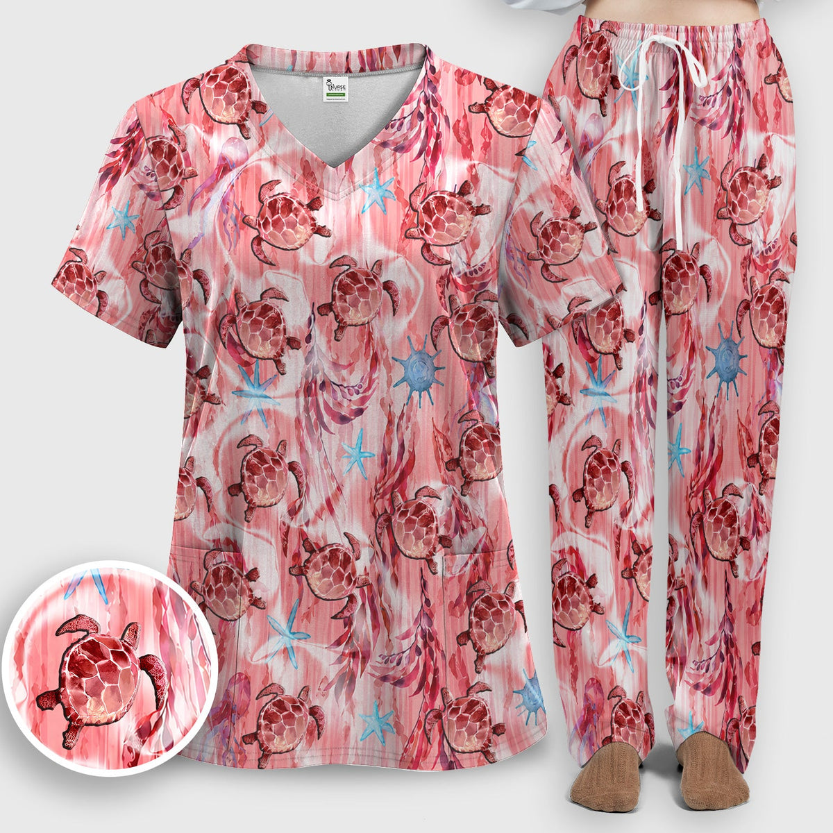 Pink Sea Turtle Ocean Nurse Scrub Set