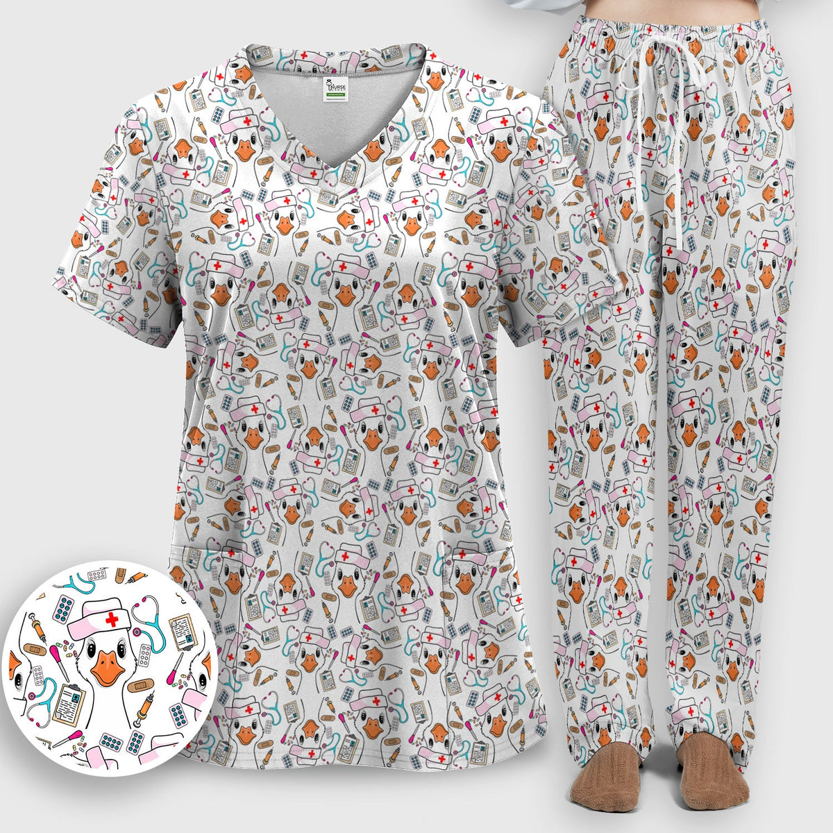 Duck Wearing Hat With Medical Tools Nurse Scrub Set