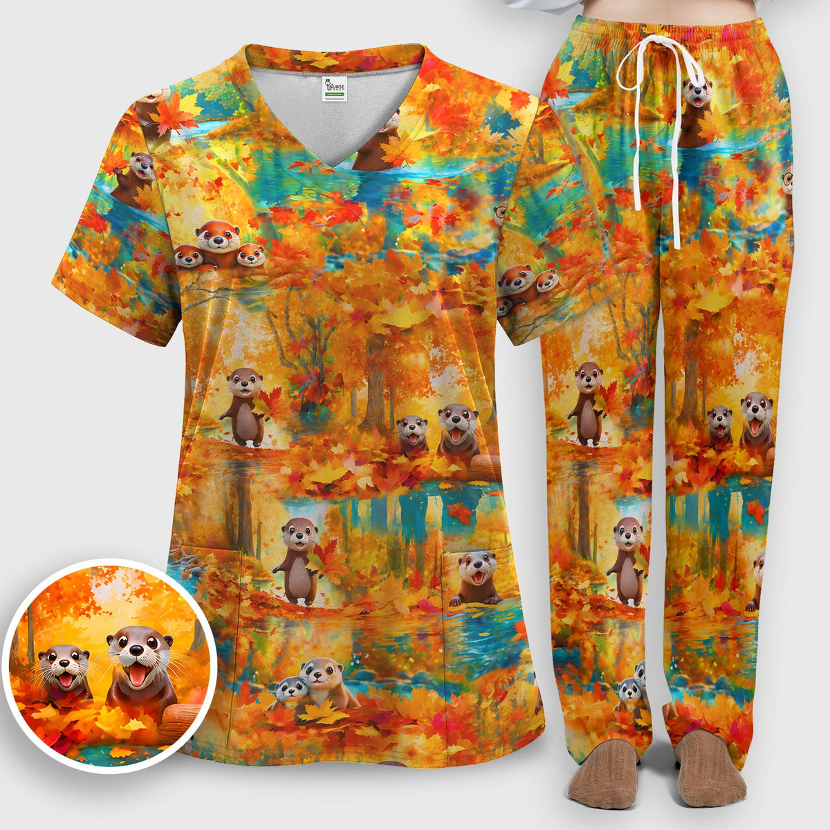 Cute Autumn Otter Leaf Forest Pattern Scrub Set, Scrub Pants and V Neck Top