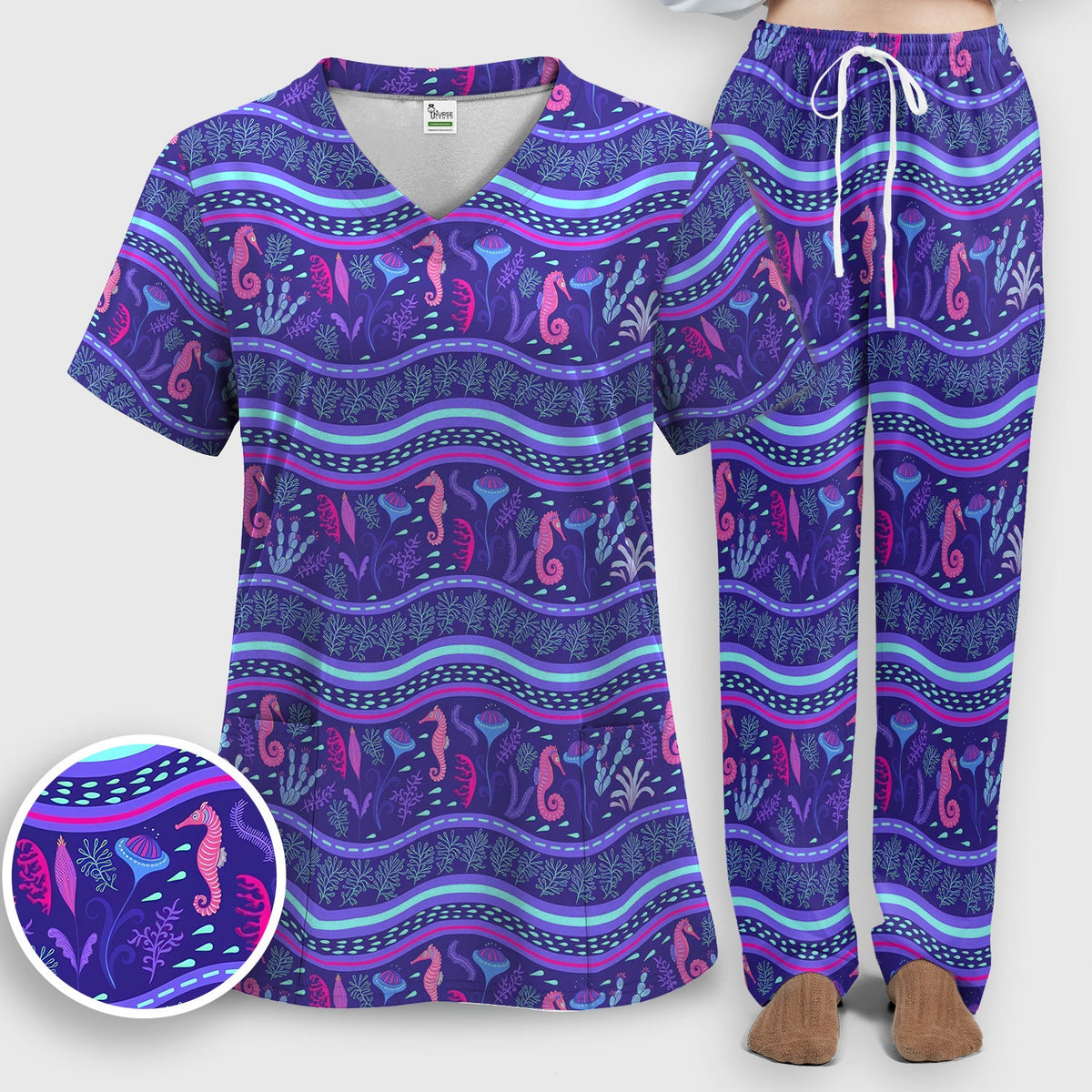 Purple Seahorse Ocean Nurse Scrub Set