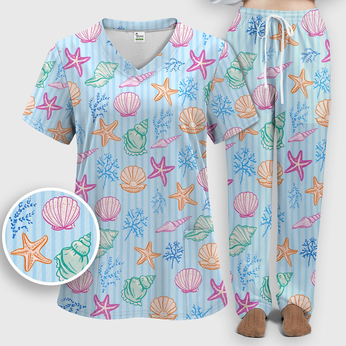 Colorful Seashell Starfish Ocean Stripe Nurse Scrub Set