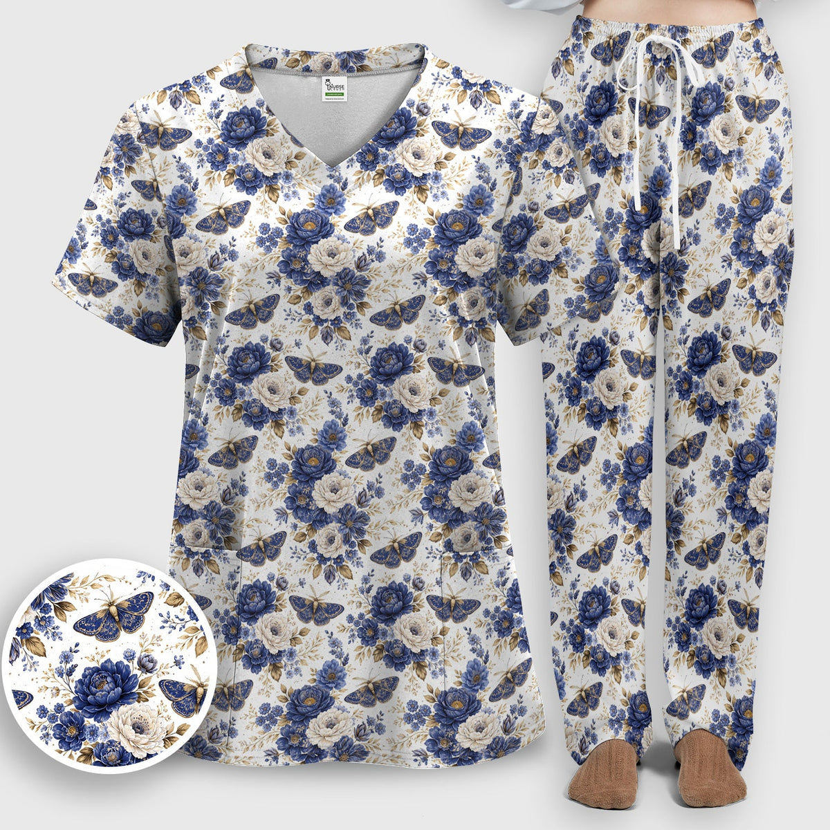 Cute Blue Floral Moth Nurse Scrub Set