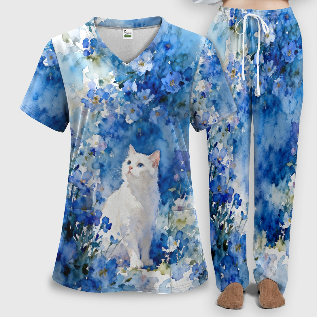 Adorable Blue Floral White Cat Nurse Scrub Set