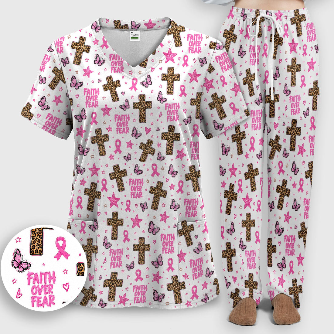 Faith Over Fear Breast Cancer Nurse Scrub Set