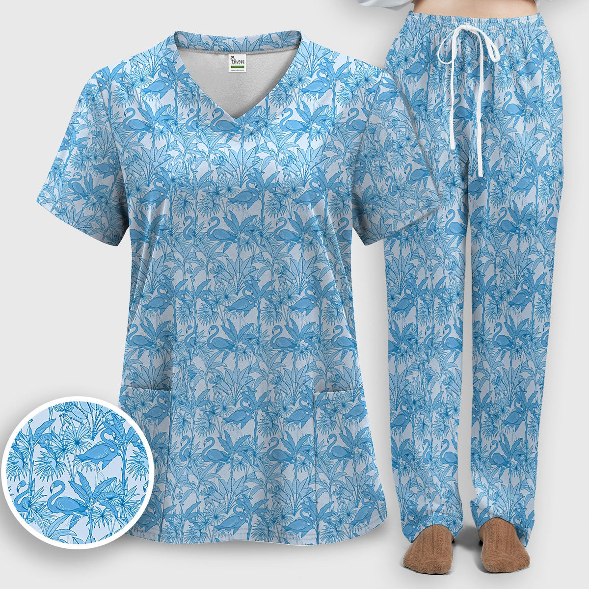Tropical Flamingo Palm Leaves Nurse Scrub Set