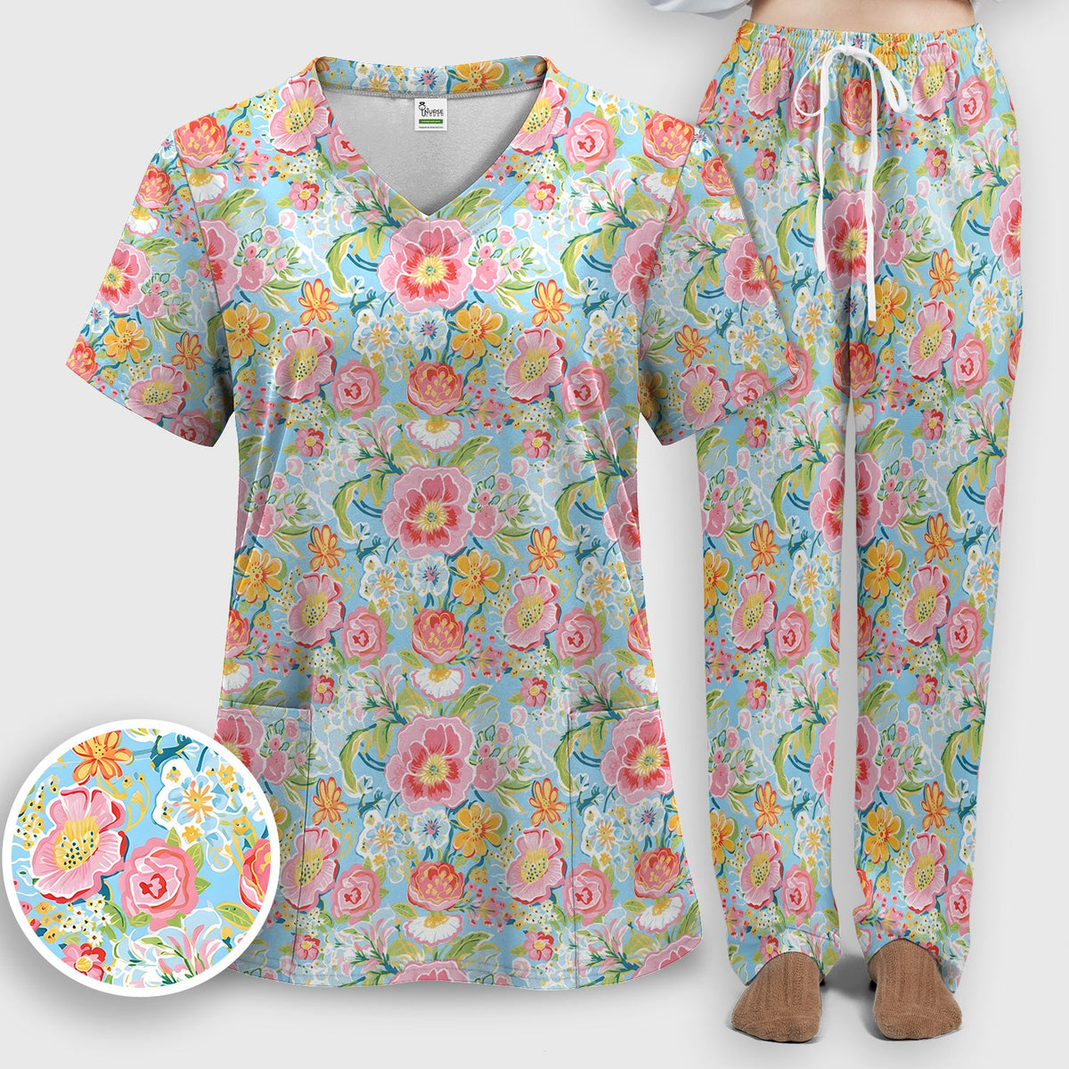 Pastel Tropical Floral Garden Nurse Scrub Set