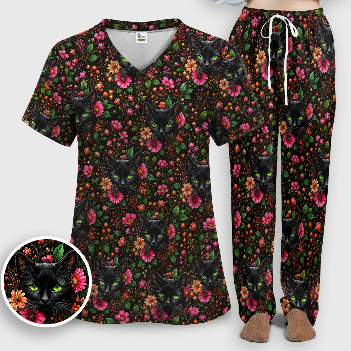 Adorable Black Cat Blossom Nurse Scrub Set