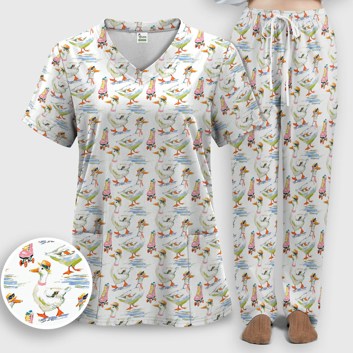 Roller Skating Goose Nurse Scrub Set