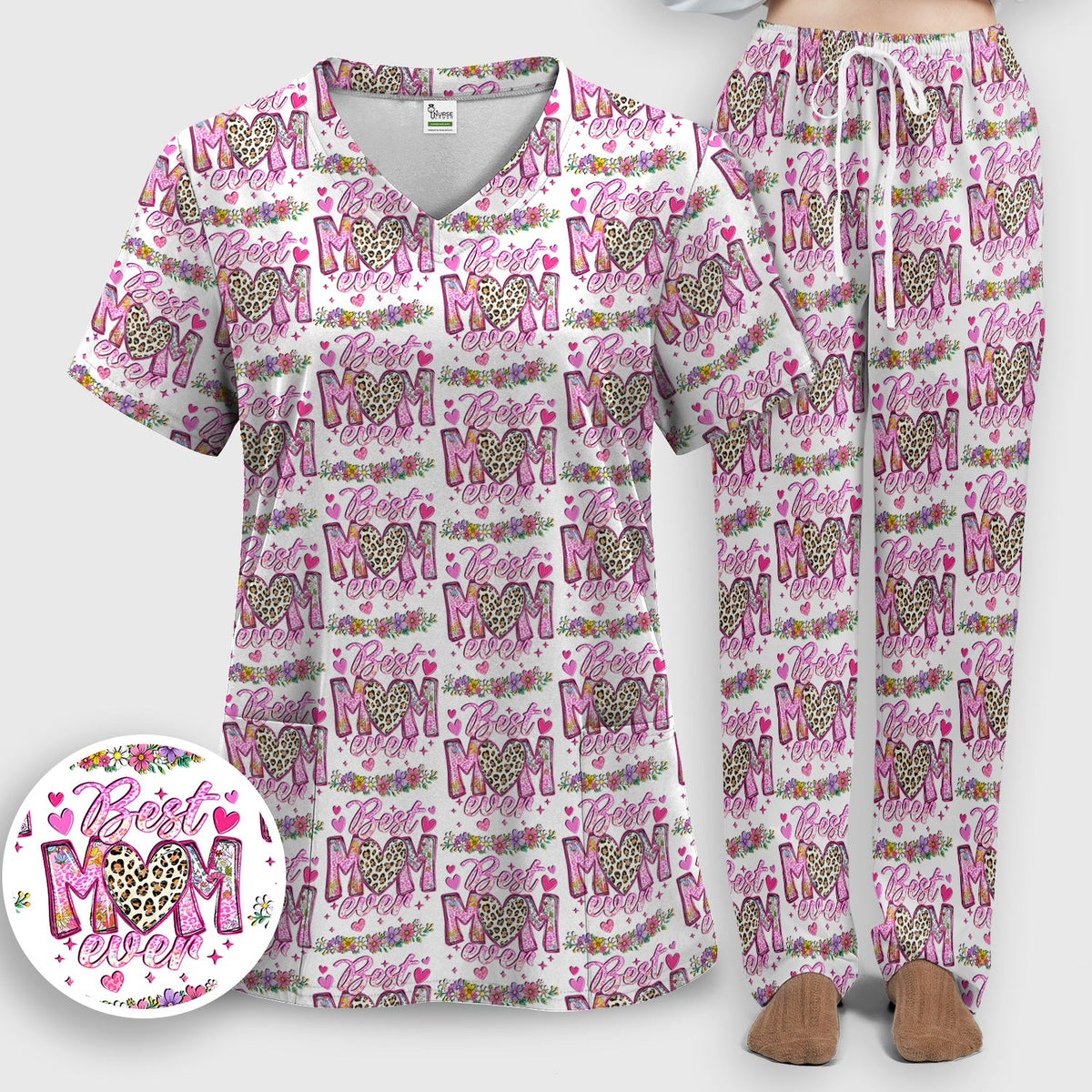Best Mom Ever Leopard Heart Nurse Scrub Set