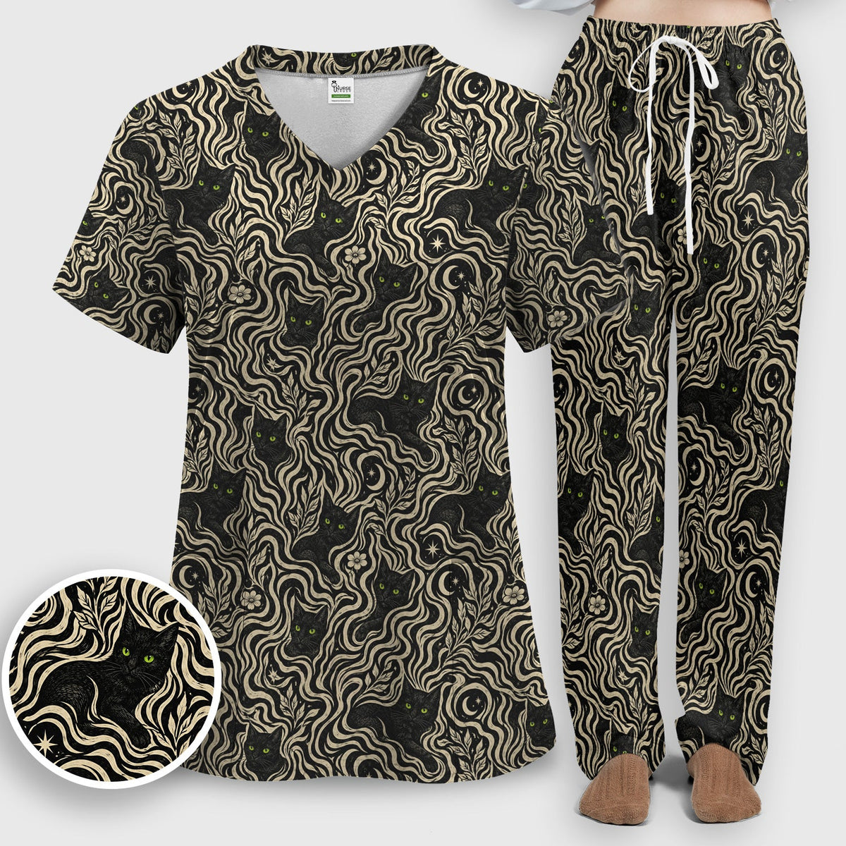 Mystical Black Cat Moonlit Nurse Scrub Set