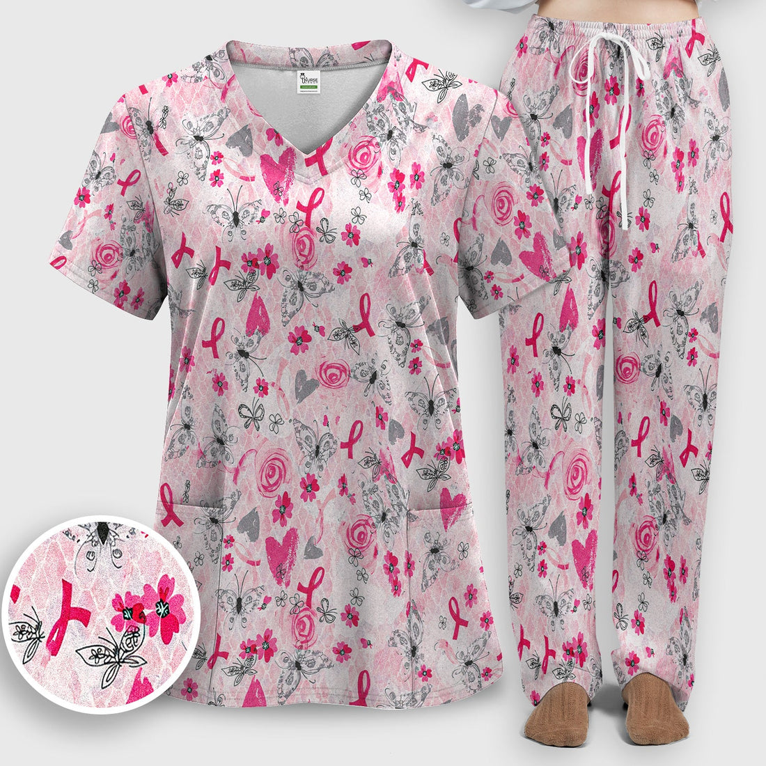 Breast Cancer Awareness Butterfly Floral Nurse Scrub Set