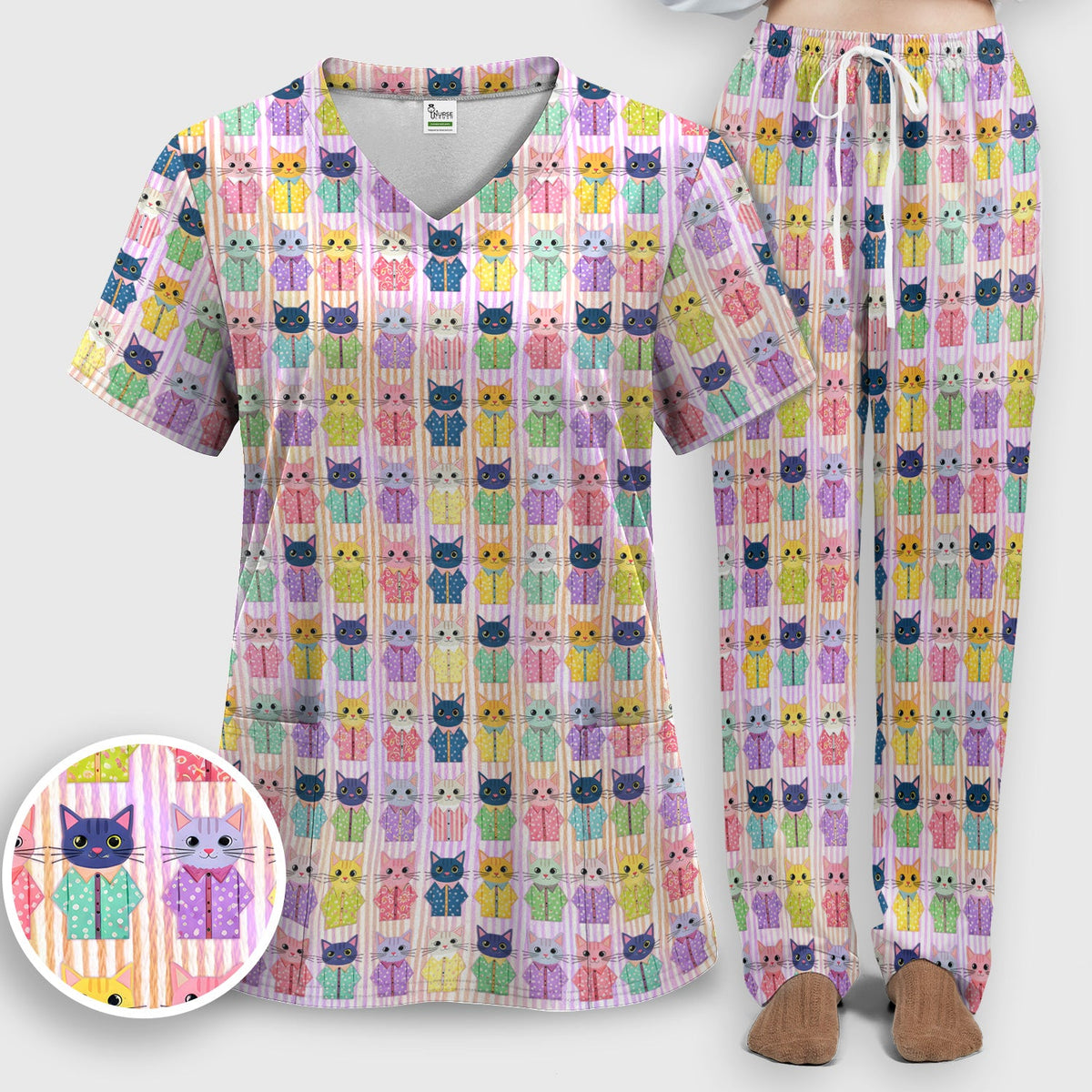 Cat Pajama Print Nurse Scrub Set