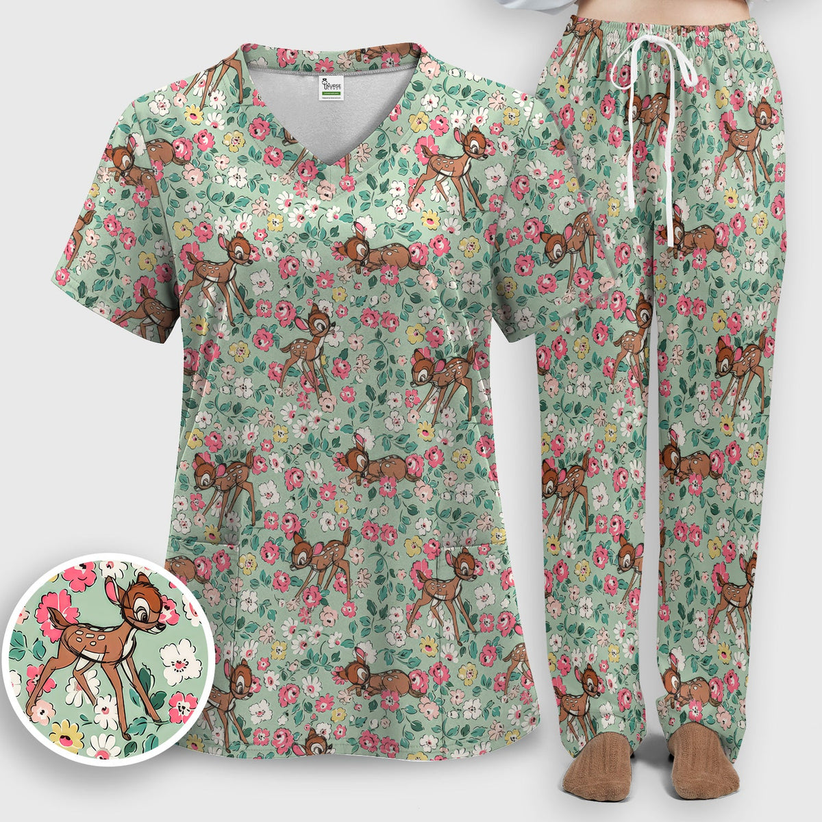 Cute Baby Deer Floral Nurse Scrub Set