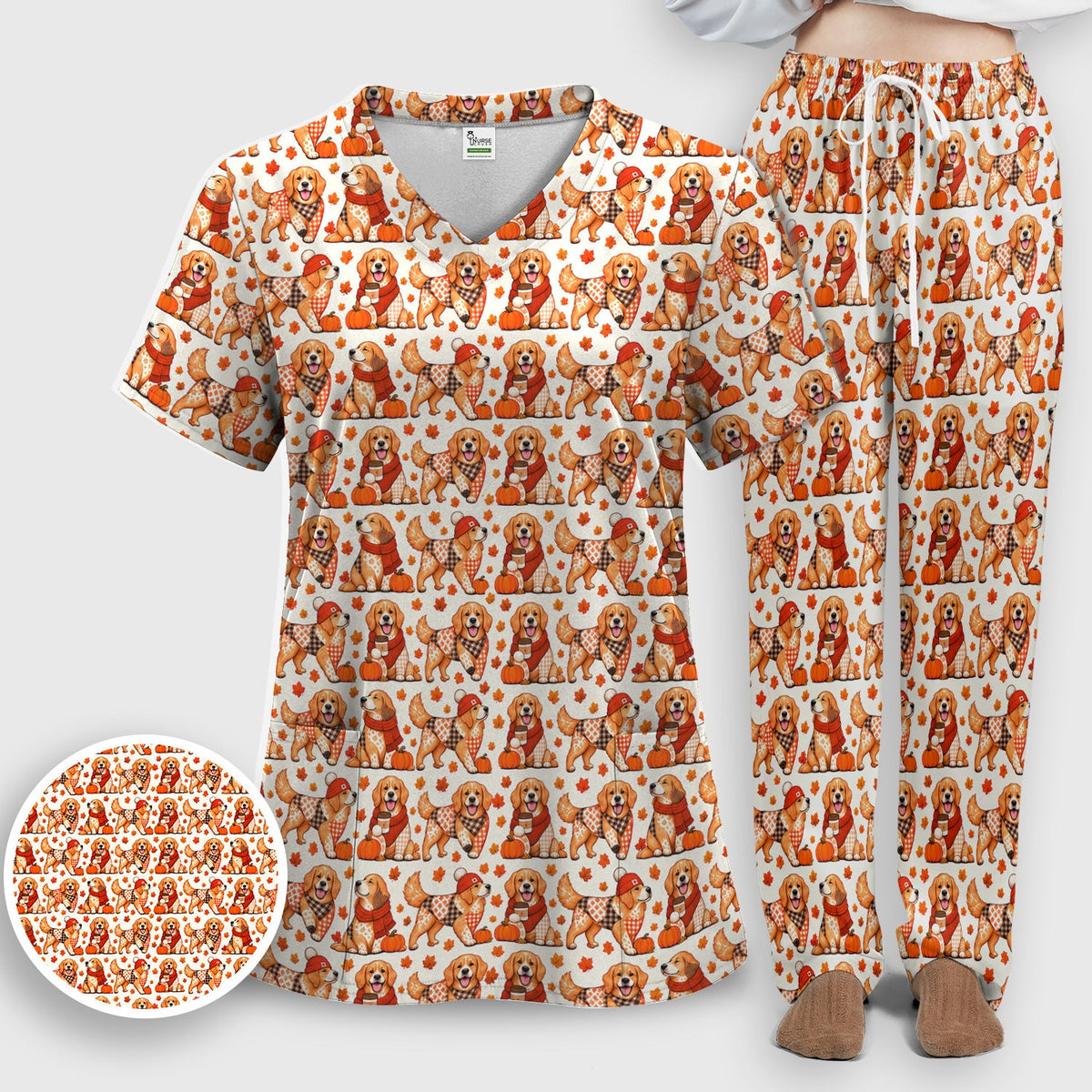 Fall Golden Retriever Pumpkin Nurse Scrub Set