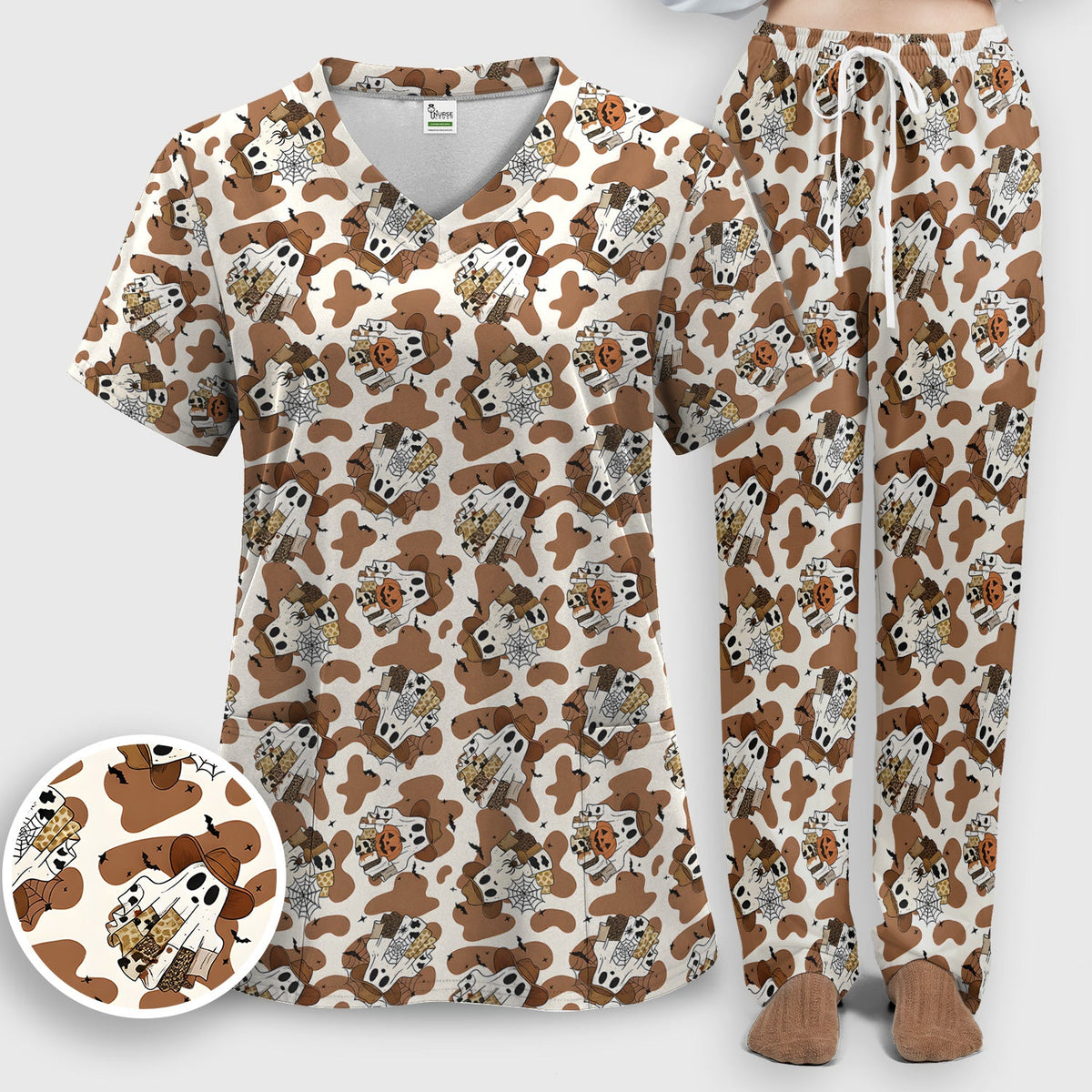 Cow Ghost Nurse Scrub Set - Halloween Gift