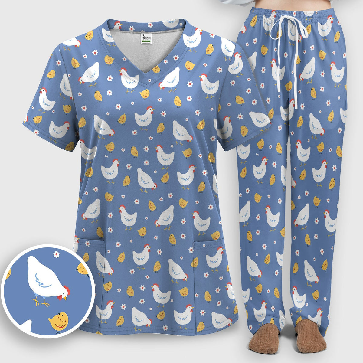 Chicken And Cute Chicks Nurse Scrub Set