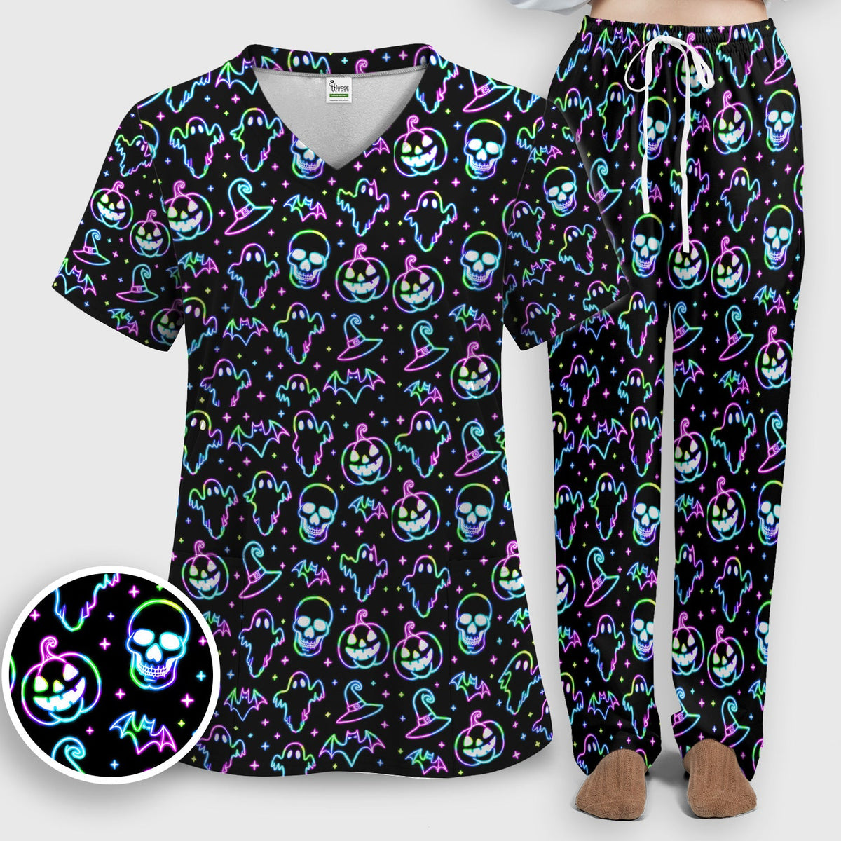 Pumpkin Skull Spooky Nurse Scrub Set