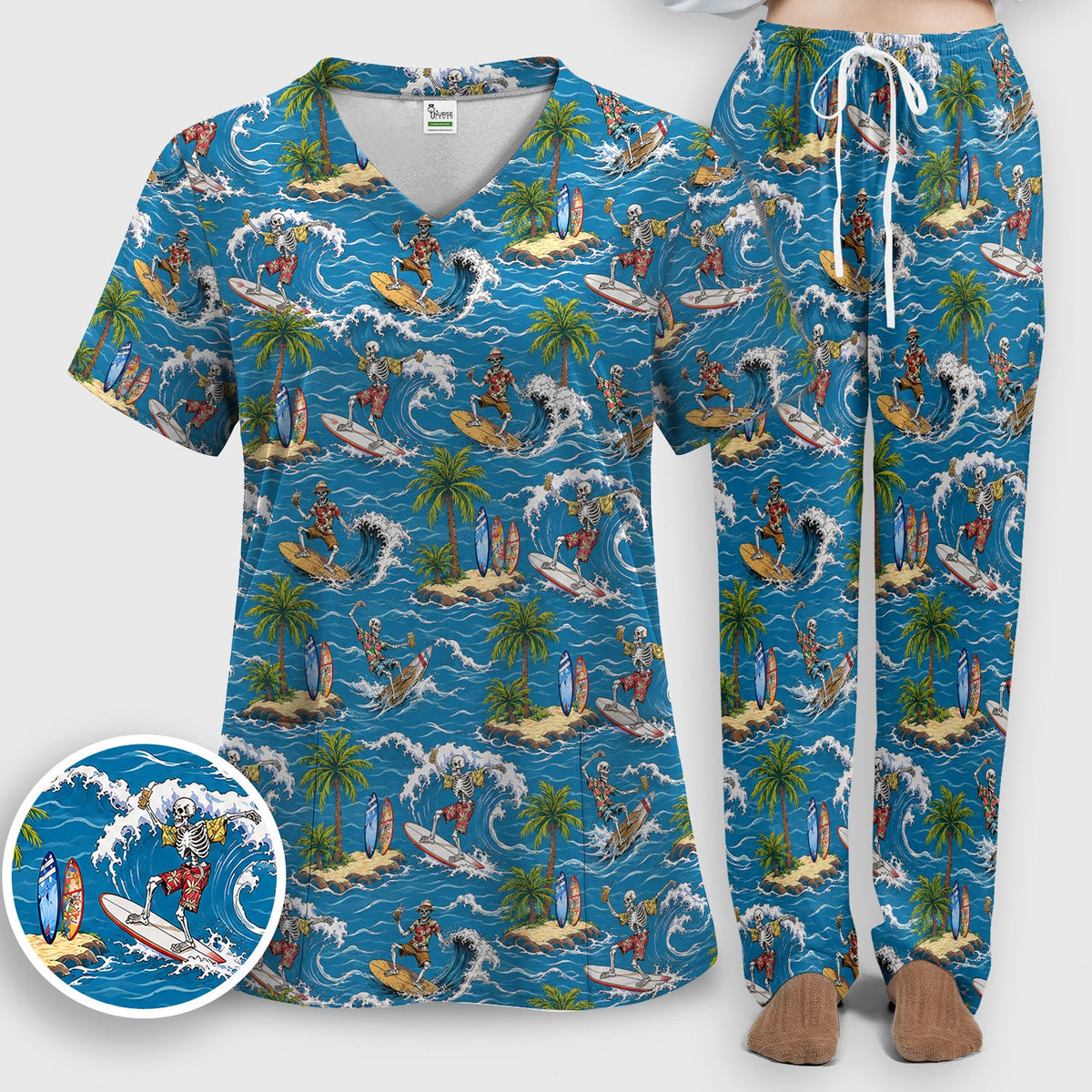Spooky Tropical Skeleton Surfer Nurse Scrub Set