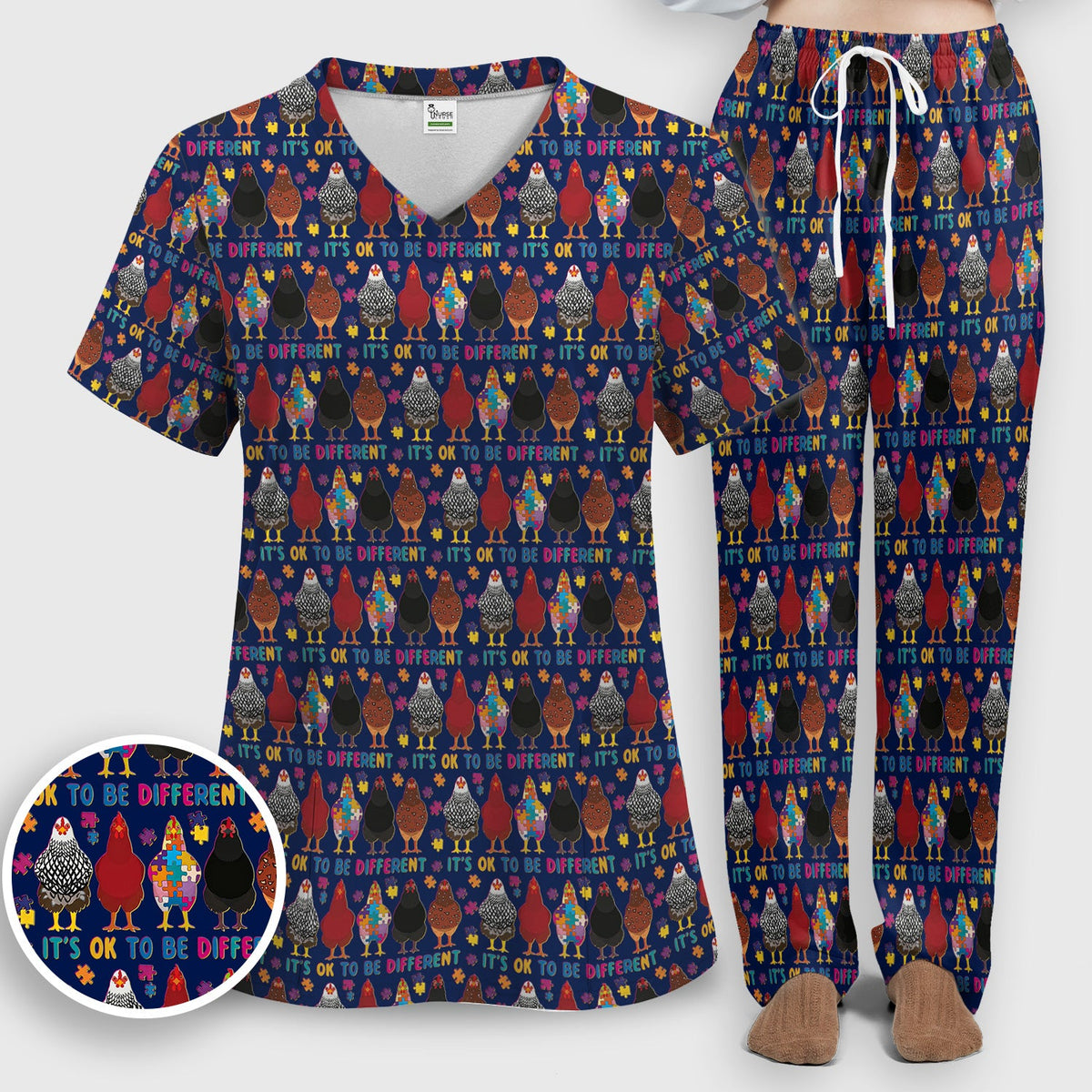 Autism Chicken It's OK To Be Different Nurse Scrub Set