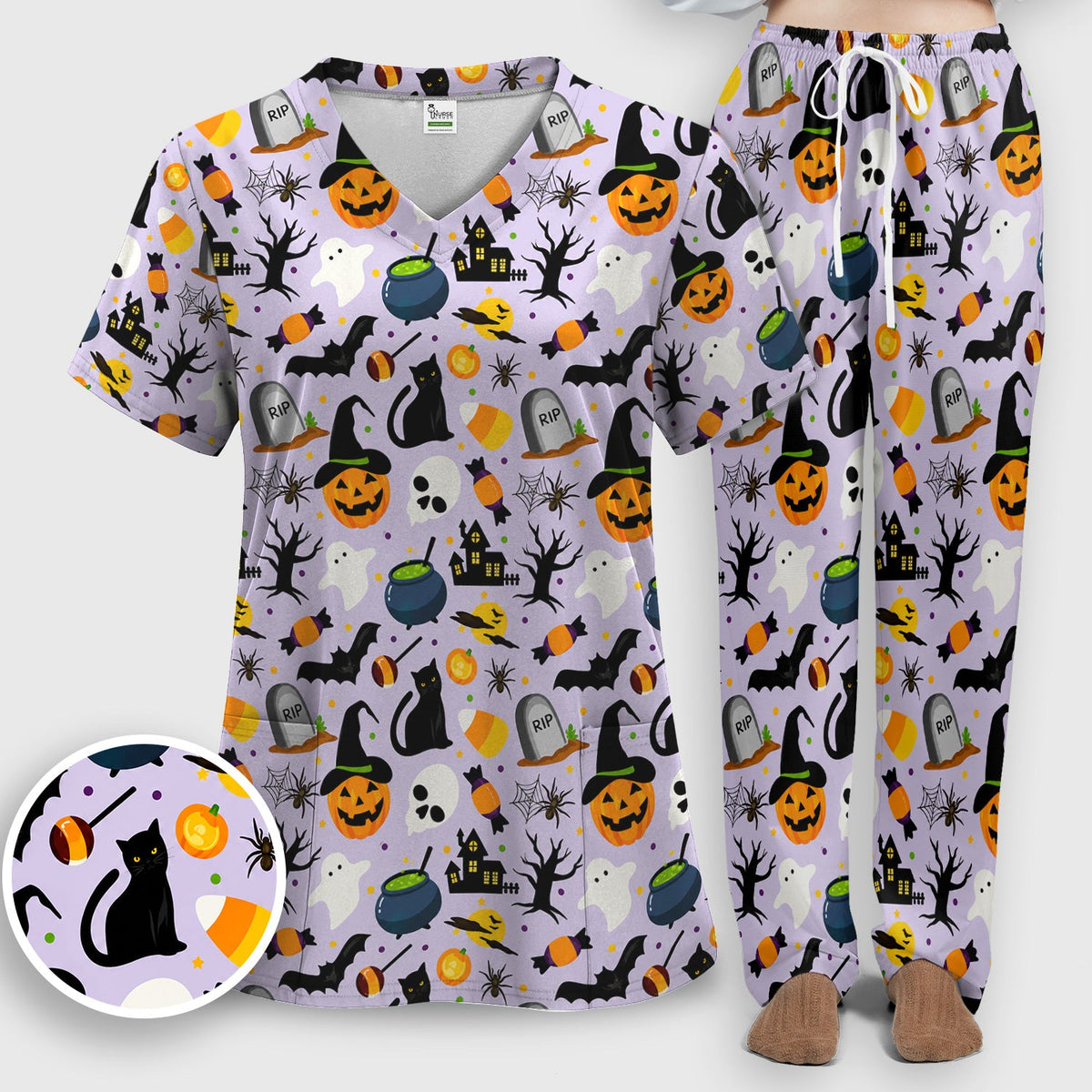 Ghost Pumpkin Witch Nurse Scrub Set - Halloween Gift