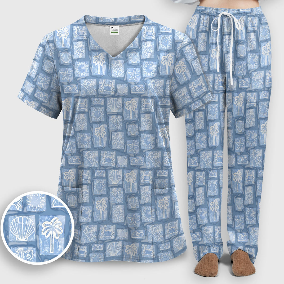 Coastal Seashell Starfish Nurse Scrub Set