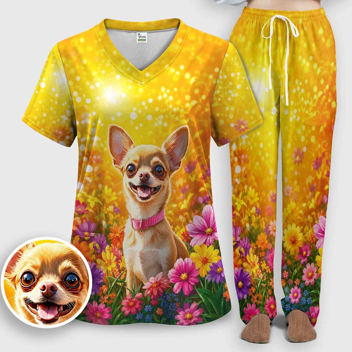 Chihuahua Flower Meadow Nurse Scrub Set