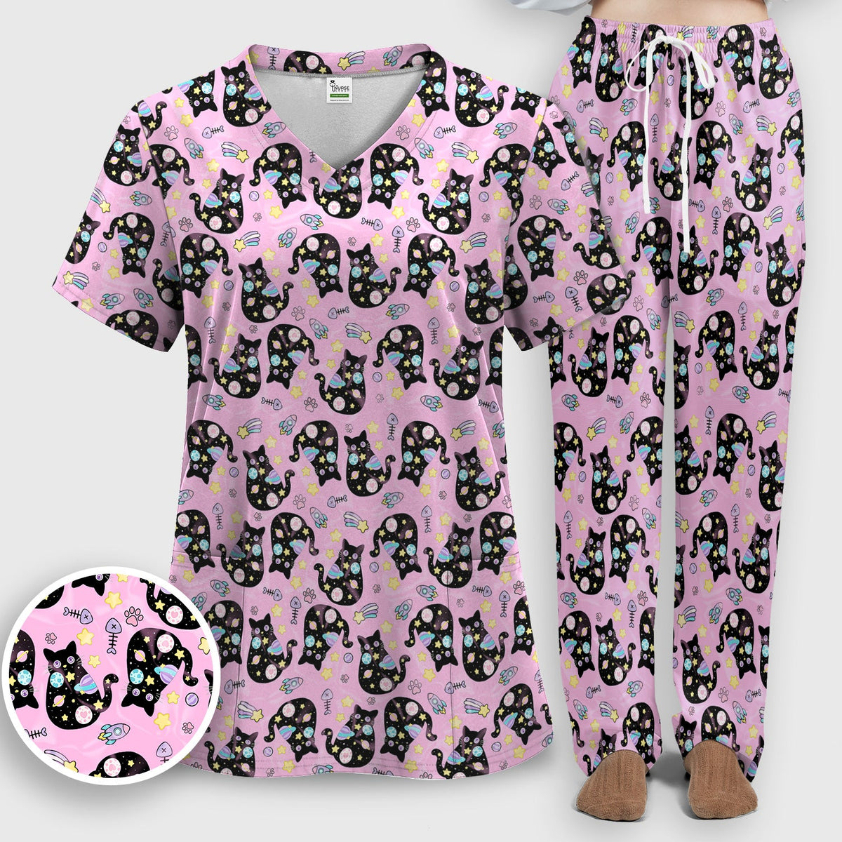 Black Cat Galaxy Space Nurse Scrub Top