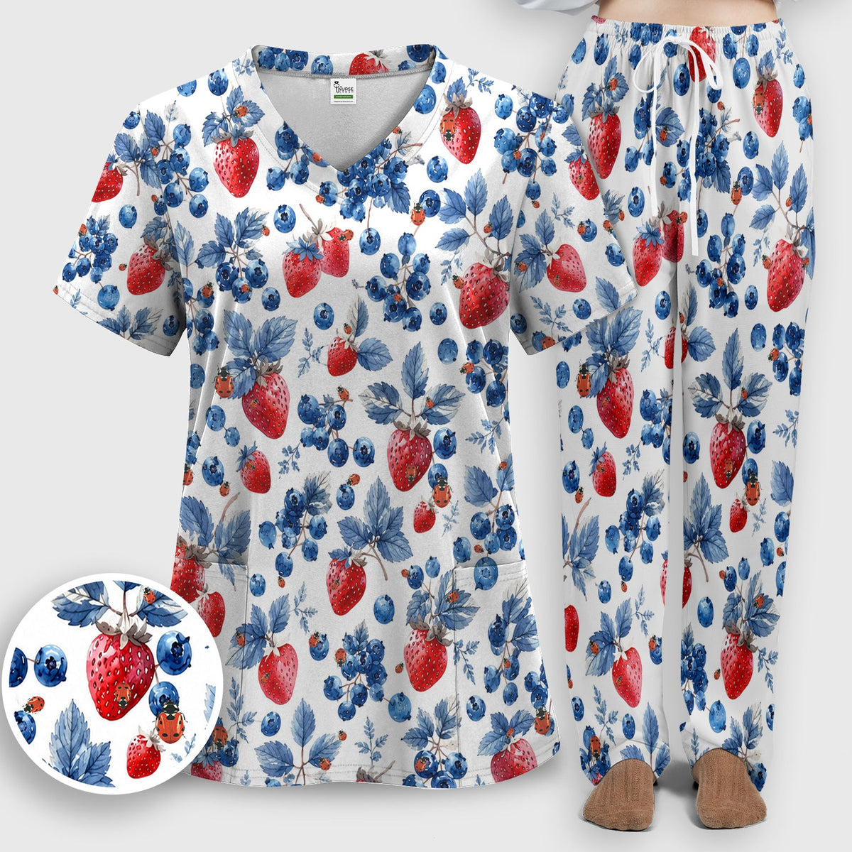 Strawberry Blueberry Ladybug Nurse Scrub Set