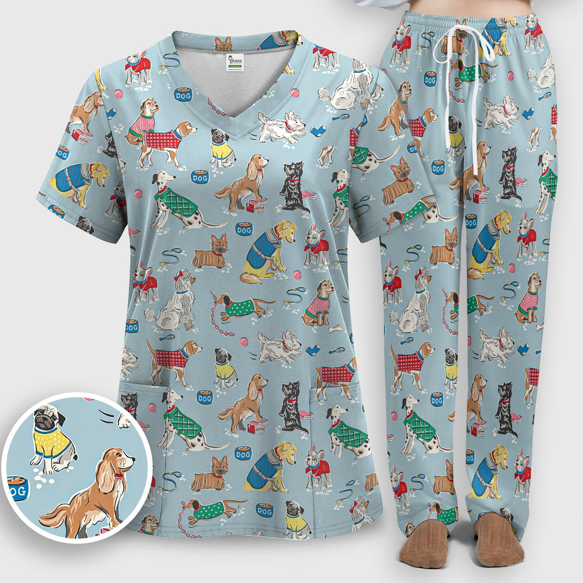 Dog Sweater Playing Ball Nurse Scrub Set
