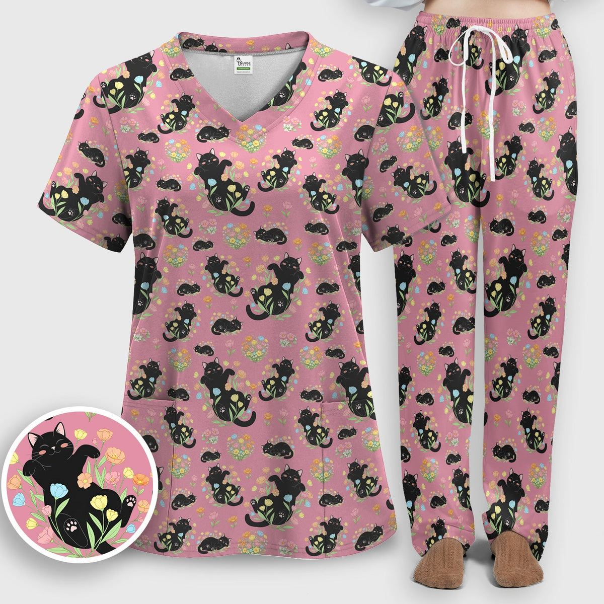 Cats Cute Poses Floral Nurse Scrub Set