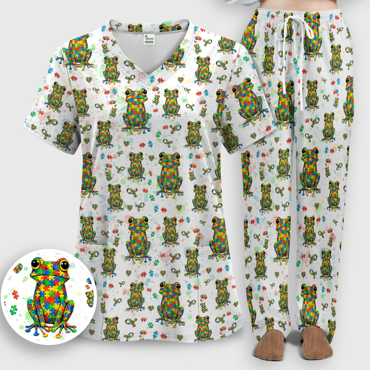 Colorful Autism Puzzle Frog Nurse Scrub Set