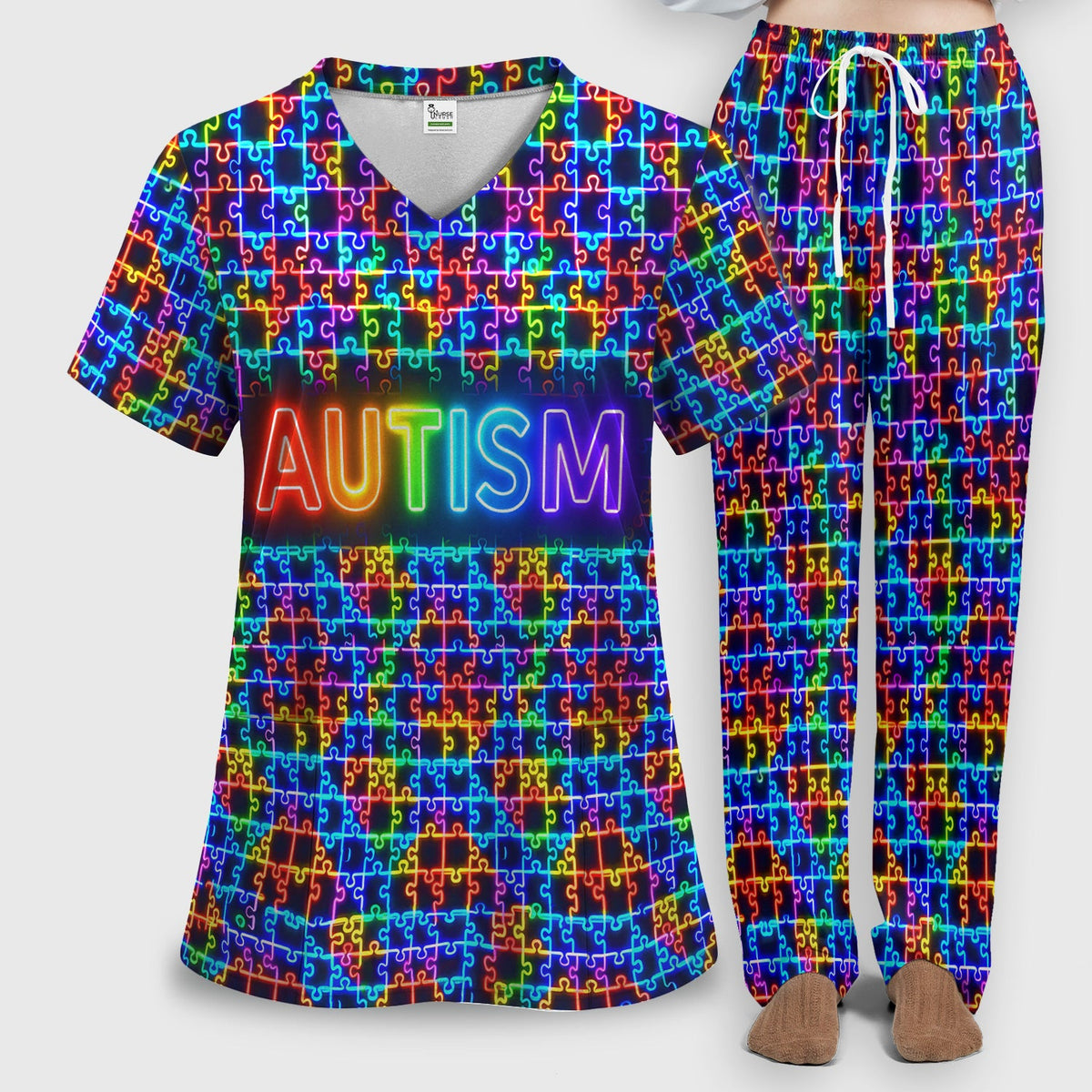 Autism Puzzle Neon Nurse Scrub Set