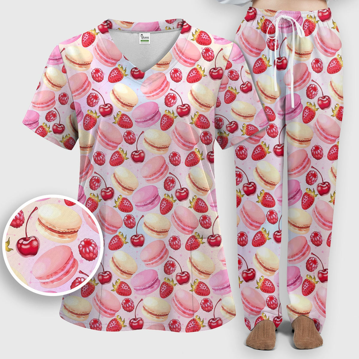 Sweet Dessert Pattern Scrub Set, Scrub Pants and V Neck Top