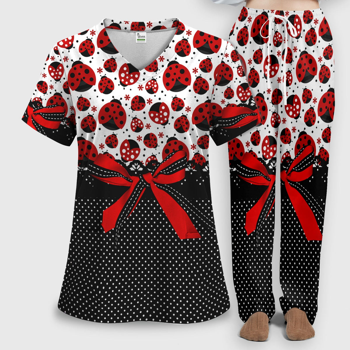 Ladybug Red Ribbon Polka Nurse Scrub Set