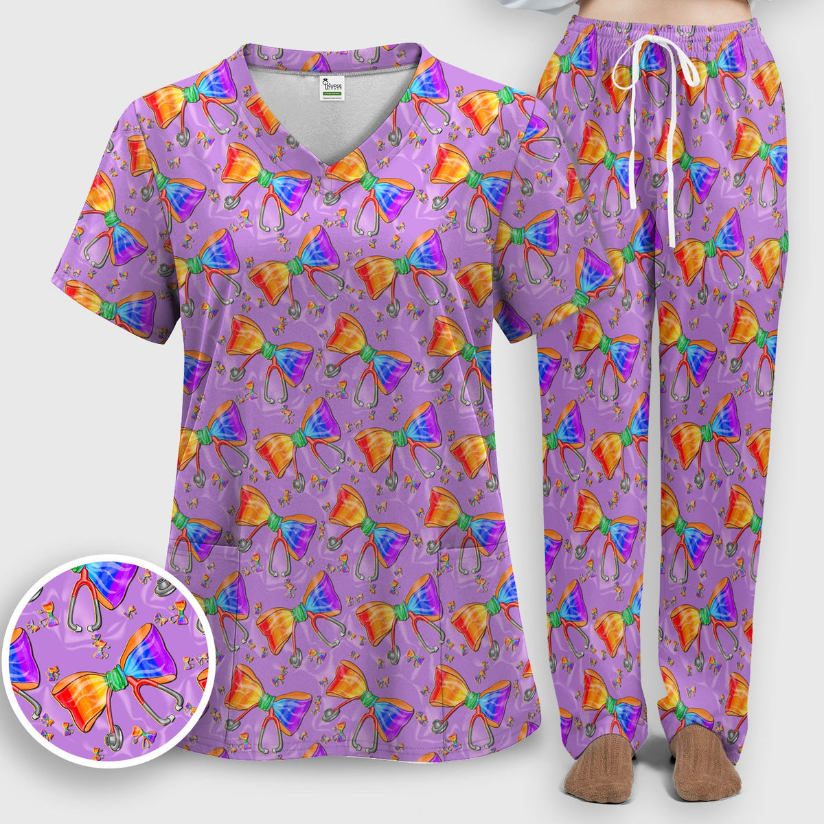 Colorful Rainbow Bow Stethoscope Nurse Scrub Set