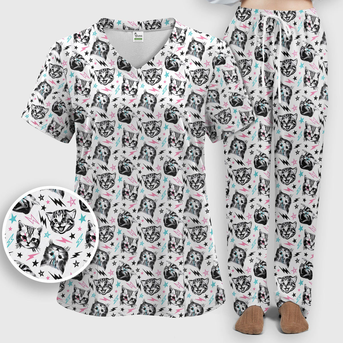 Cat Faces Lightning Nurse Scrub Set