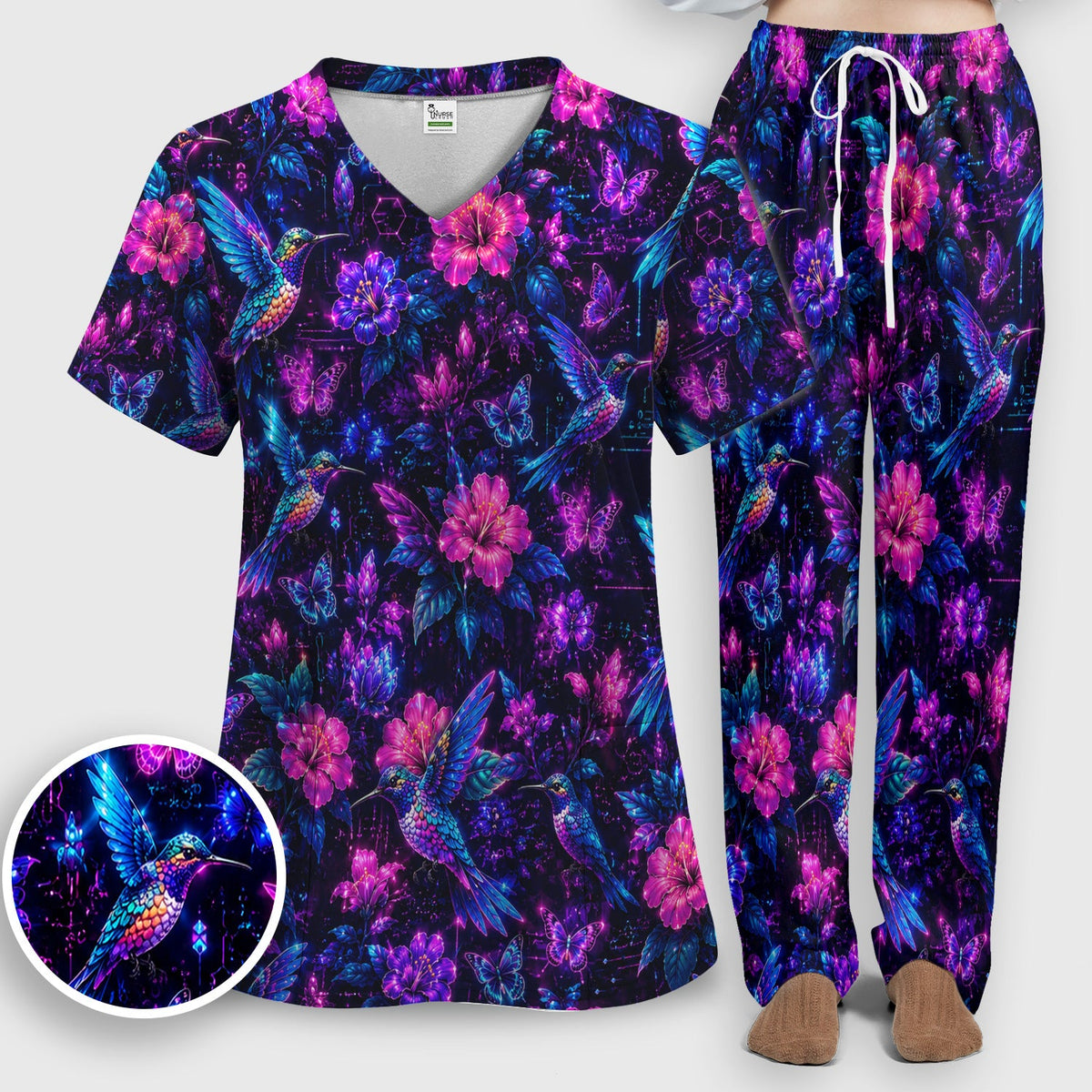 Neon Hummingbird Butterfly Bloom Nurse Scrub Set