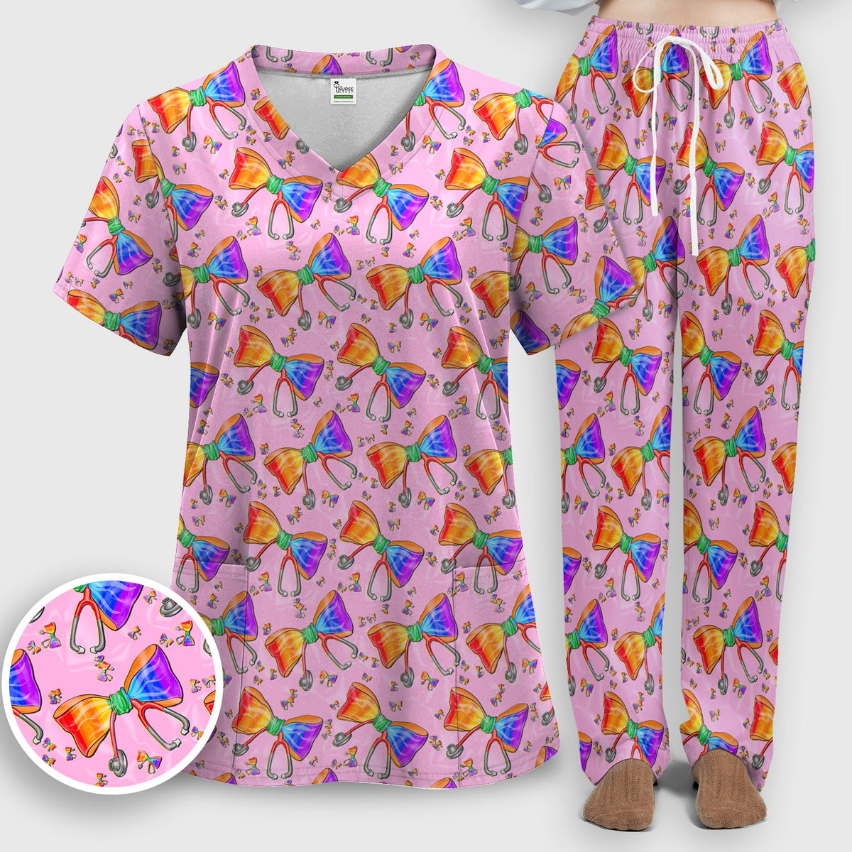 Colorful Rainbow Bow Stethoscope Nurse Scrub Set
