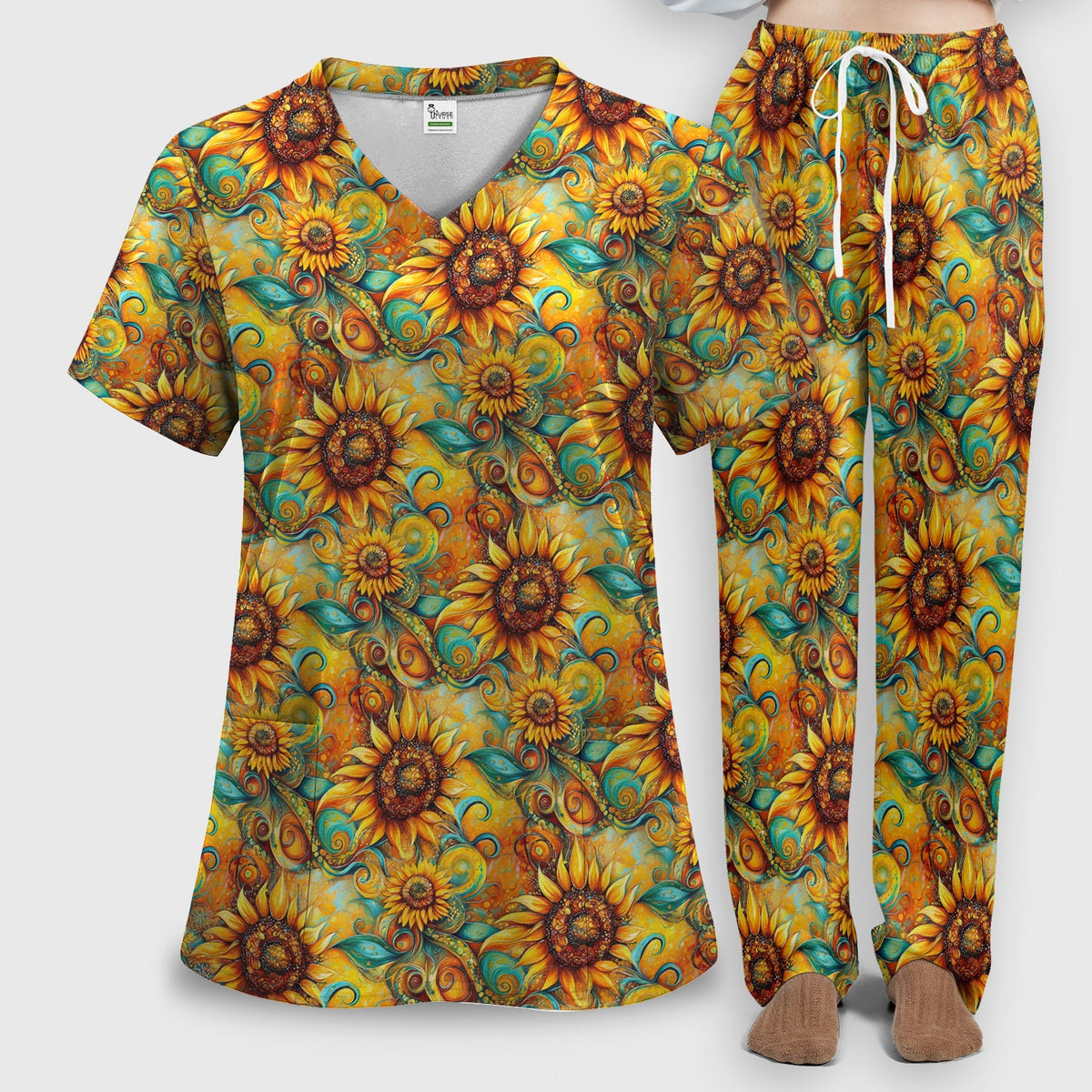 Sunflower Swirl Floral Nurse Scrub Set