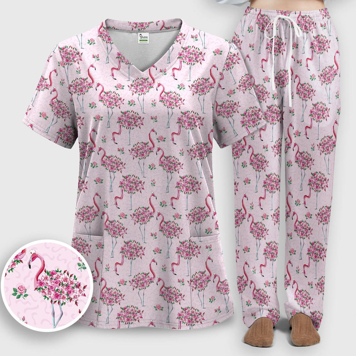 Pink Flamingo Floral Nurse Scrub Set
