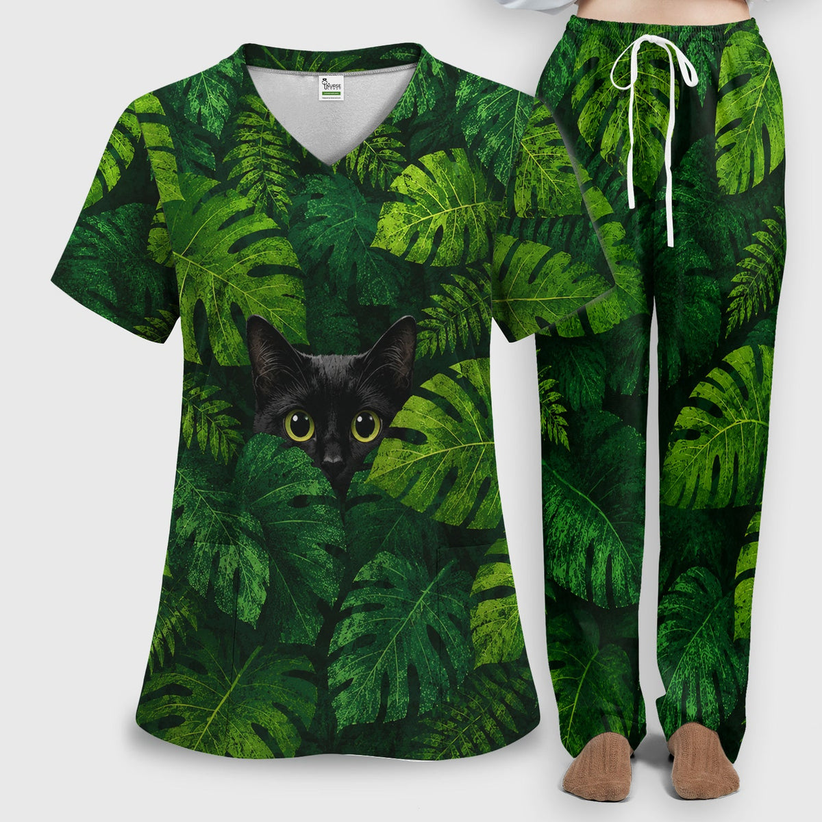 Hidden Black Cat Nurse Scrub Set