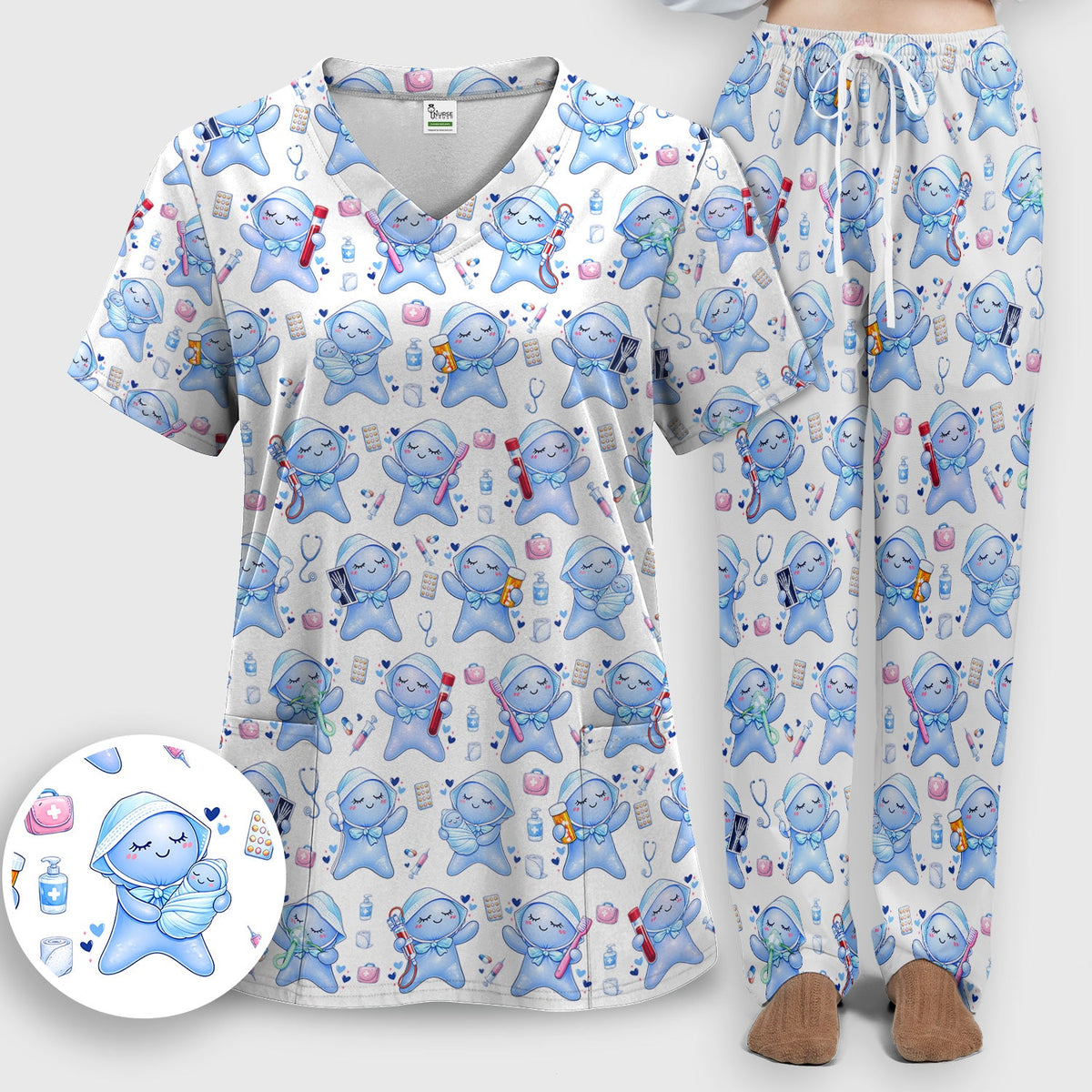Dental Tooth Character Nurse Scrub Set