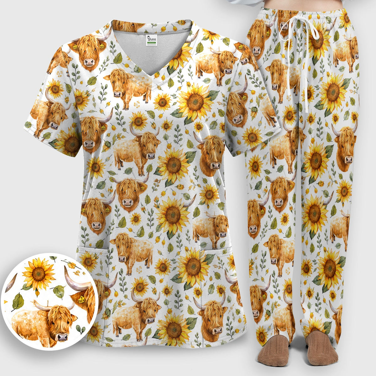 Highland Cow Sunflower Pattern Nurse Scrub Set